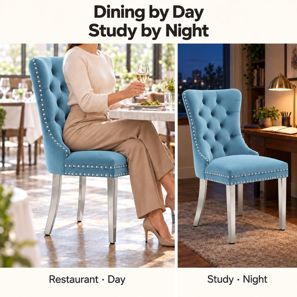 Luxury Upholstered Dining Chairs Set of 4, Light Blue Kitchen Chair with Silver Metal Legs, Velvet Tufted Back Dining