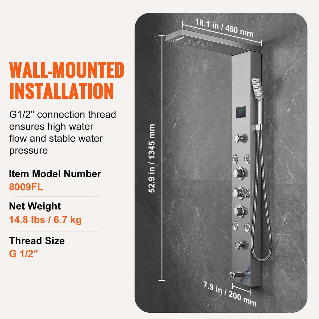 Shower Panel, 6 Shower Modes, LED & Screen Hydroelectricity Shower Tower Panel System, Rainfall, Waterfall, 8 Massage