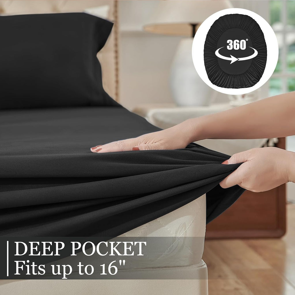King Sheets Set Cooling Deep Pocket Bed Sheet Sets, Black Soft Microfiber Oeko-Tex Hypoallergenic Sheets &