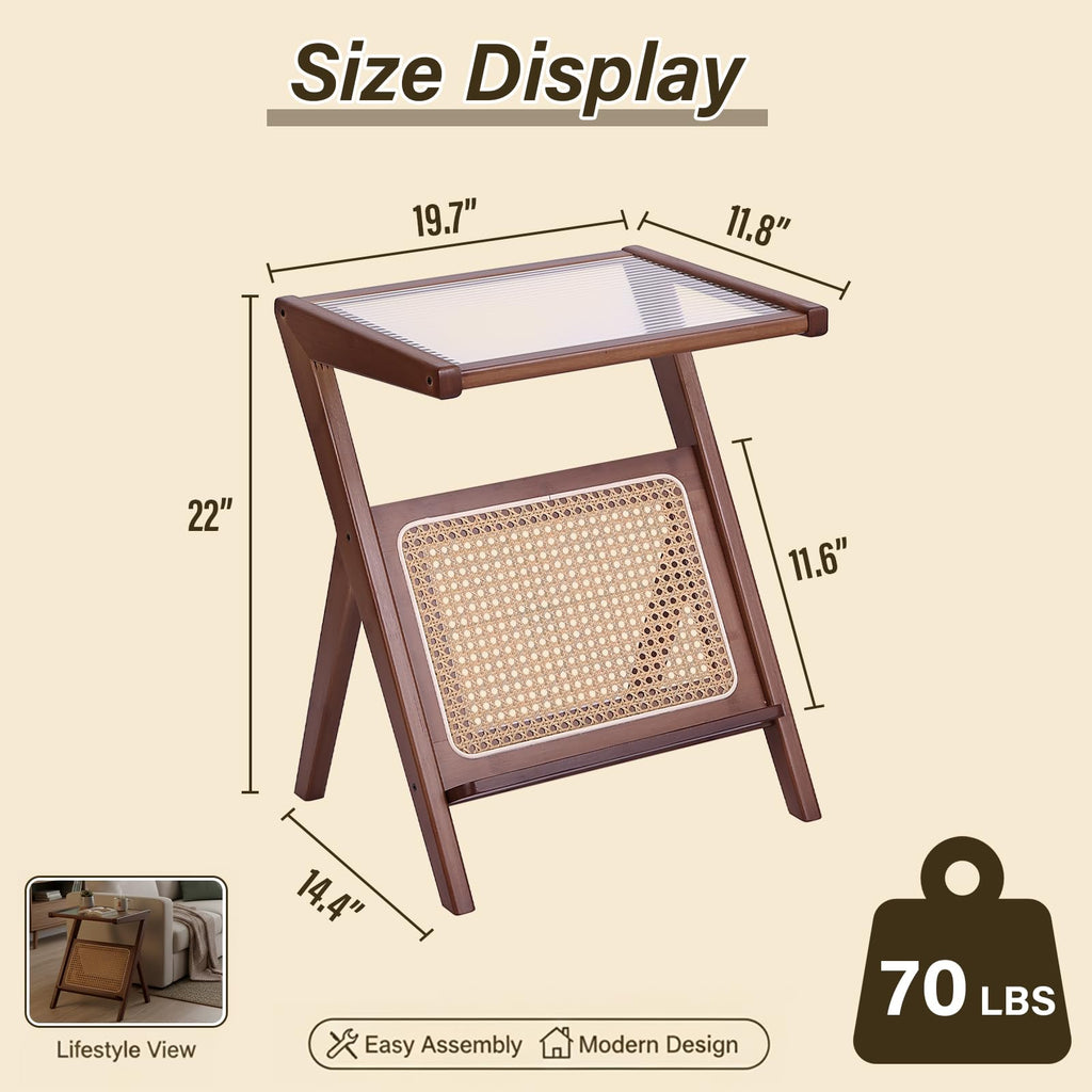 Large Brown Rattan Nightstand, Bamboo Side Table with Glass Top