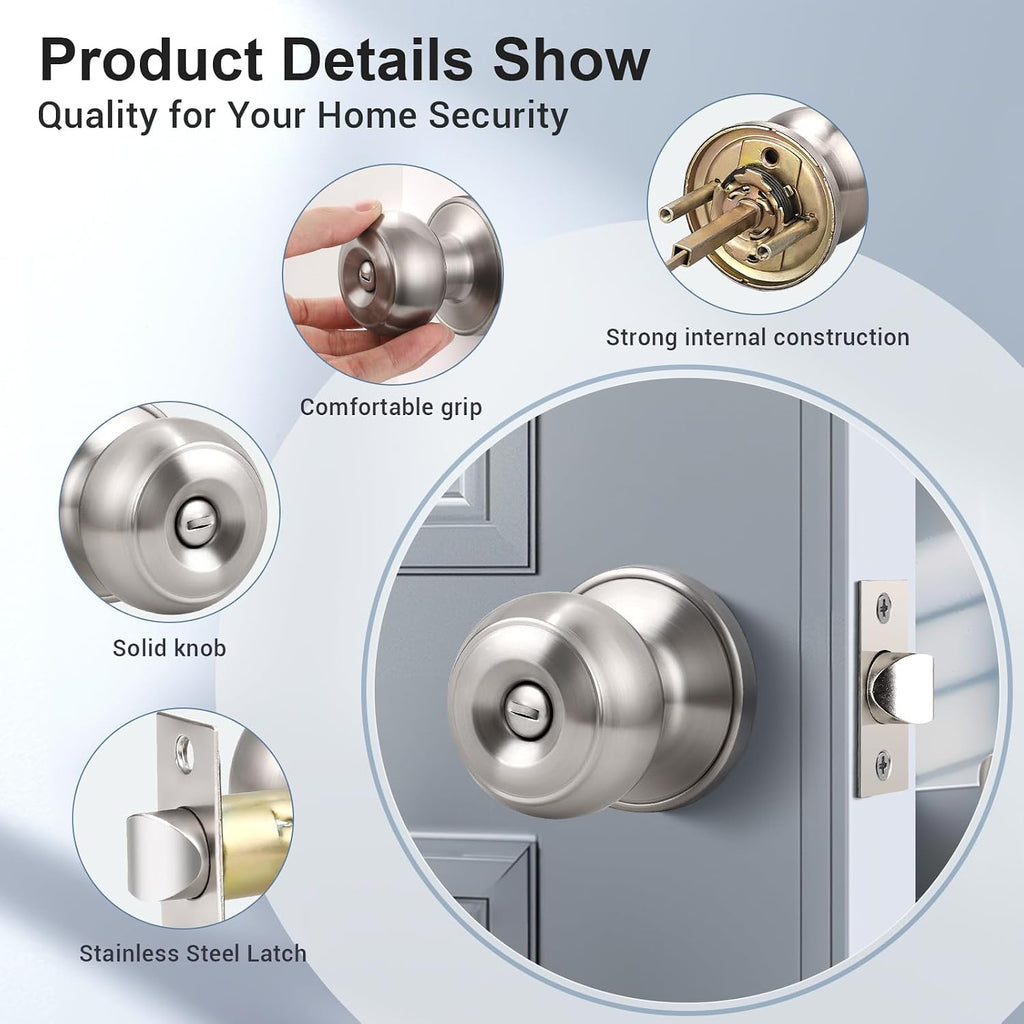 6 Pack Privacy Door Knob with Lock in Brushed Nickel Finish , Indoor Security Door Handle with Privacy Lock, Satin