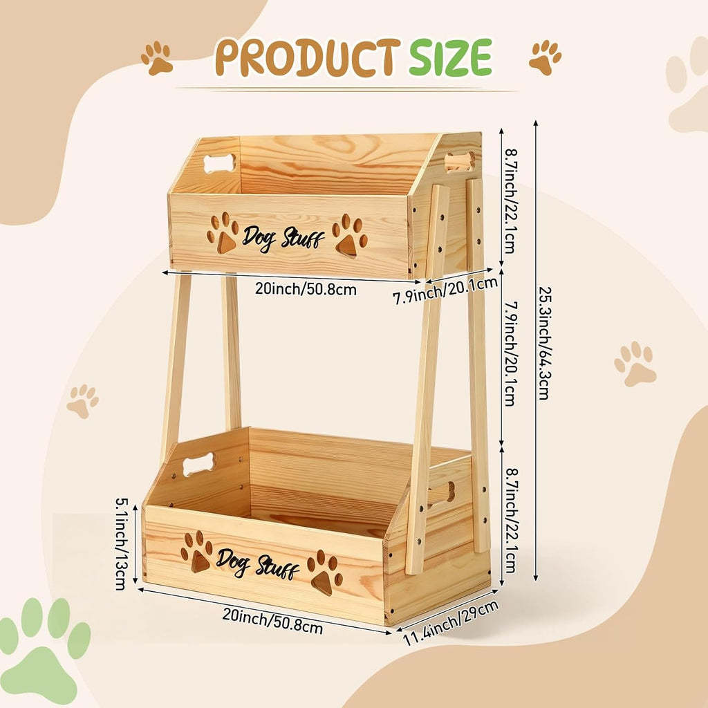 2 Tier Large Dog Toy Storage Bin Wood Toy Basket Box with Handle