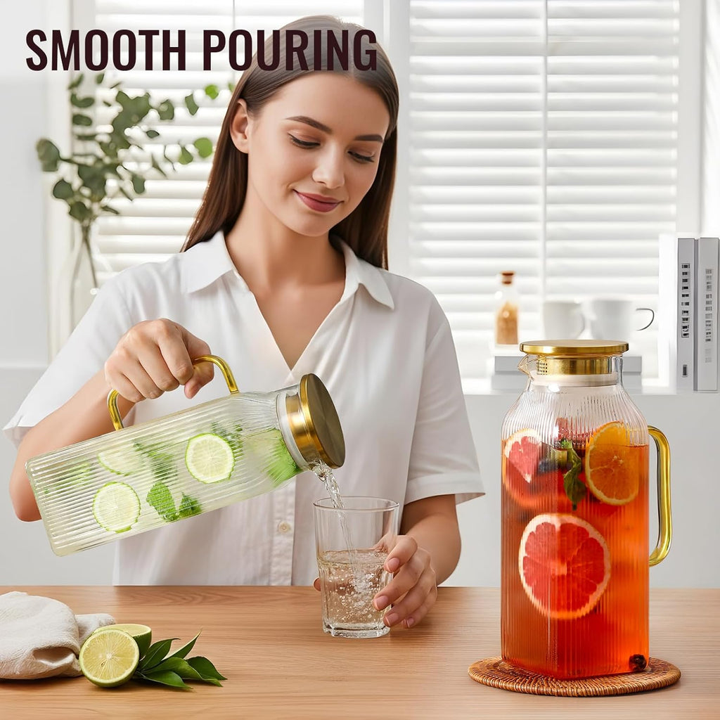2 Pack 2 Liter/68 oz Square Glass Pitcher with Lid, Classic Stripes Water Pitchers with Handle for Fridge, Large Jug