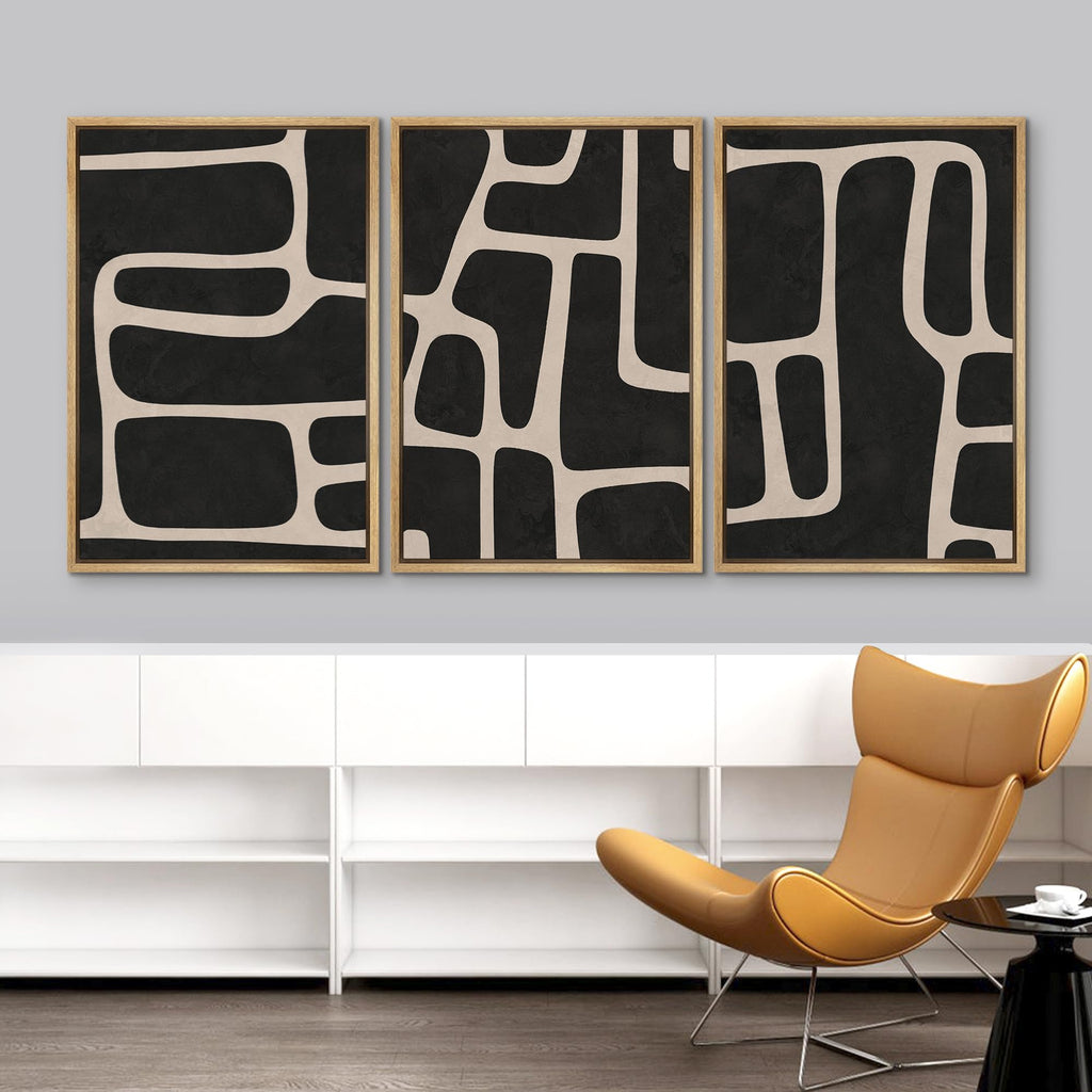 Framed Canvas Print Wall Art Set Black & White Mid-Century Polygon Pattern Abstract Shapes Geometric Illustrations