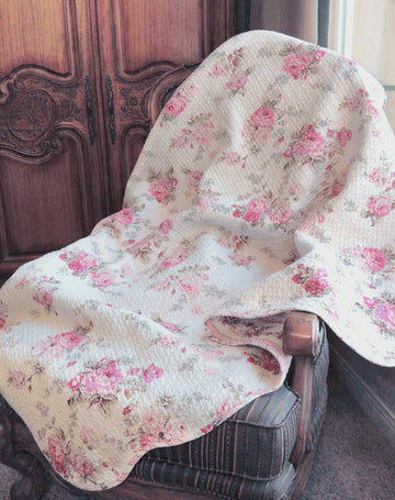 Josephine Spring Peony Pink Ivory Floral Shabby Chic Reversible 100% Cotton Quilted Throw Blanket 60" x 50" Machine
