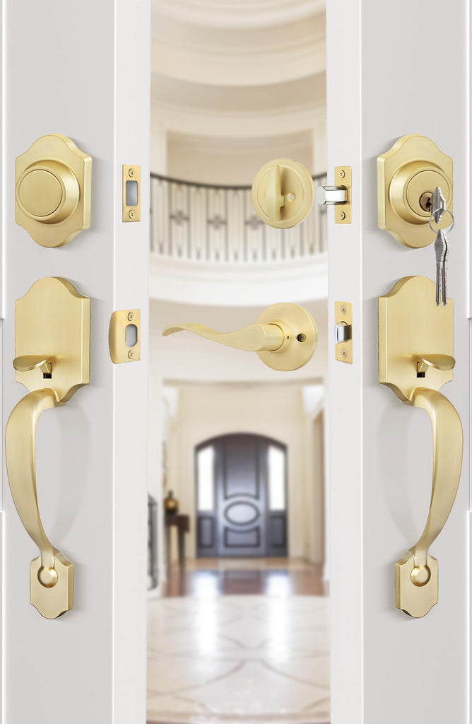 Double Front Door Lock Set, Gold Double Door Handle with Dummy