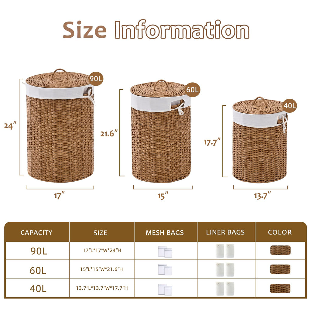 Round Wicker Laundry Hamper with Lid Handwoven Rattan Basket with Handles for Dirty Clothes, 2 Washable Liner Bags