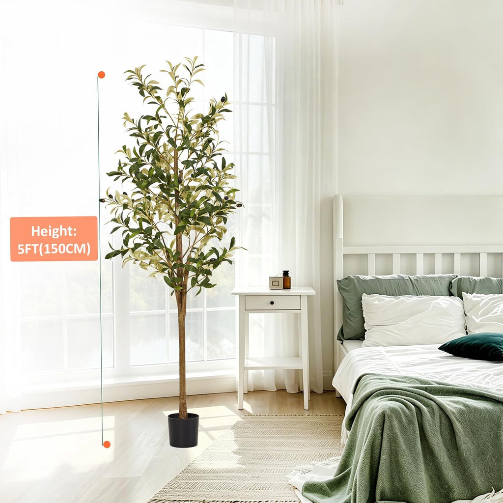 5ft Artificial Olive Trees Indoor, Faux Olive Tree with Natural Wood Realistic Leaves Lifelike Fruits Fake Olive