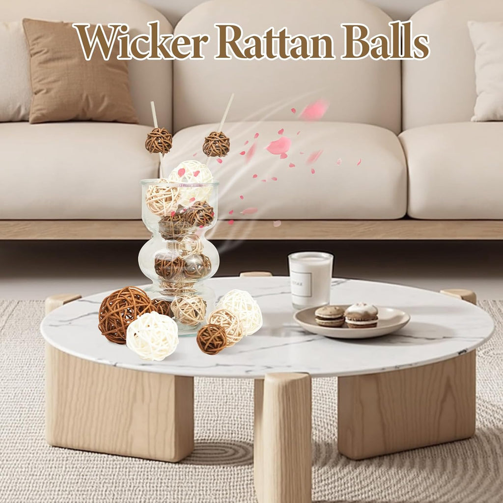 Woven Rattan Decorative Balls, 2.4" Wicker Orbs for Bowl Centerpieces & Vase Fillers, Neutral Brown & White - Set of 27
