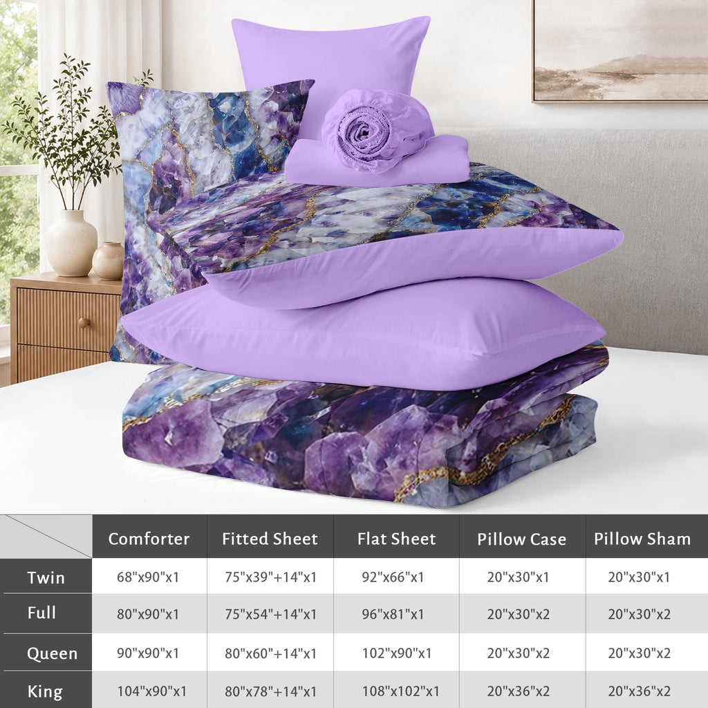 King Comforter Set with Sheets, 7 Pieces Crystal Purple Bedding