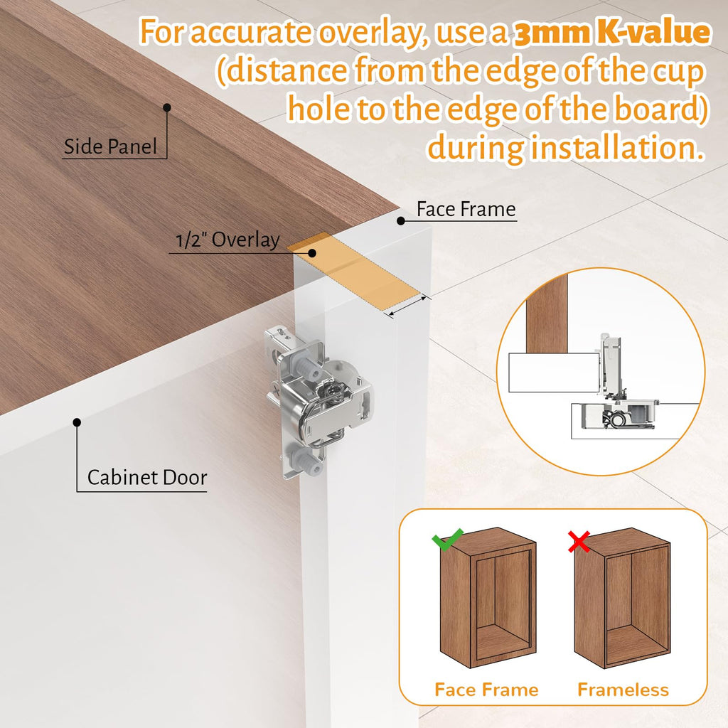60 Pack 1/2" Overlay 3D Soft Close Concealed Hinge for Face Frame Door, Self Closing Hinges, 105° Smooth Slow Close