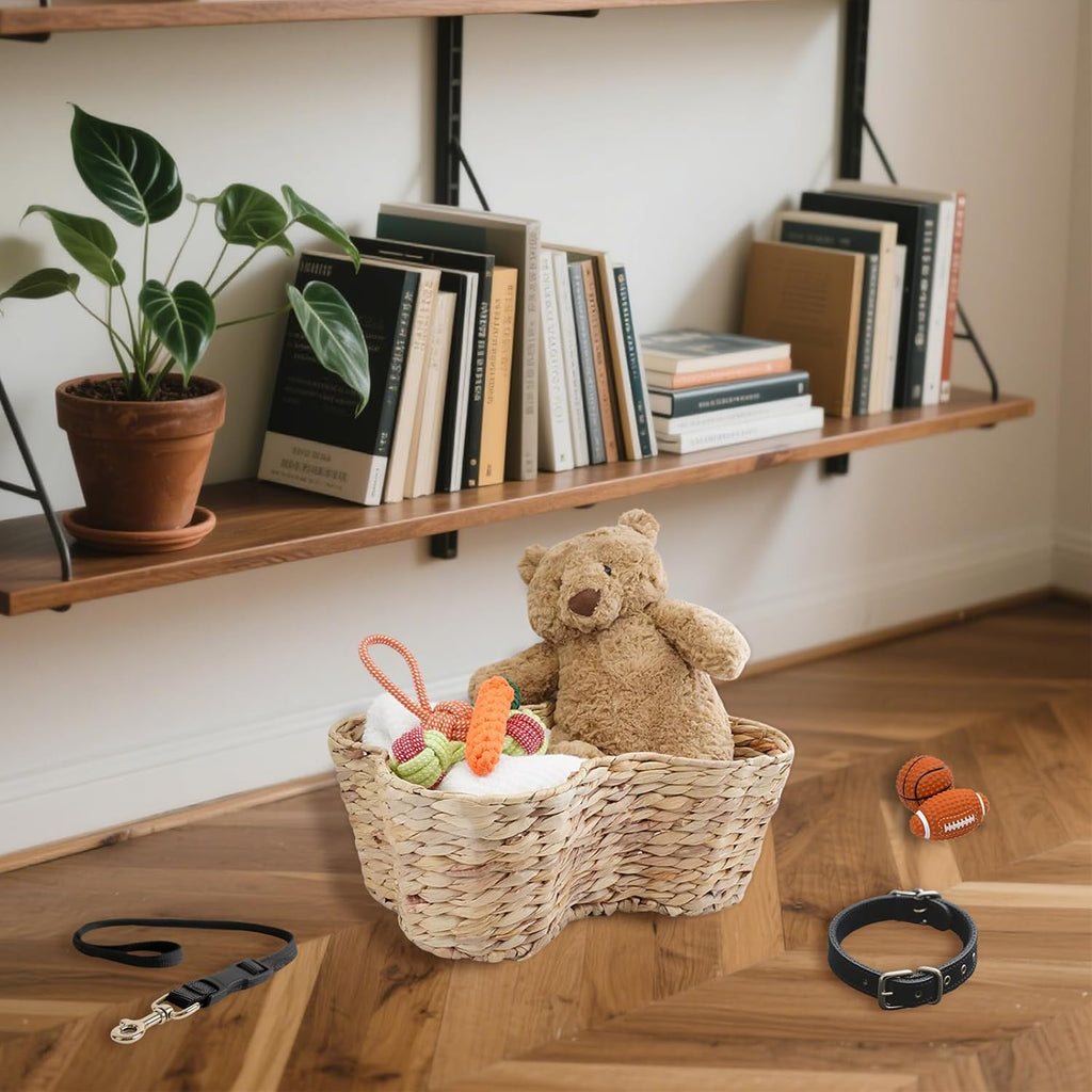 Water Hyacinth Dog Toy Basket, Bone Shaped Dog Toy Storage Basket, Pet Toys Organizer Bin, Handmade 16" x 13" x 7"