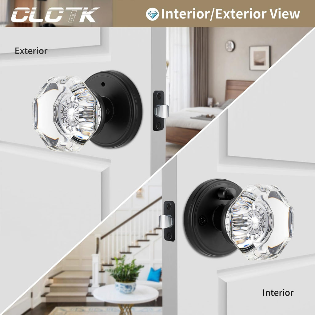 Glass Door Knobs Interior with Lock, Octagon Crystal Privacy Round Matte Black Door Knobs Bathroom