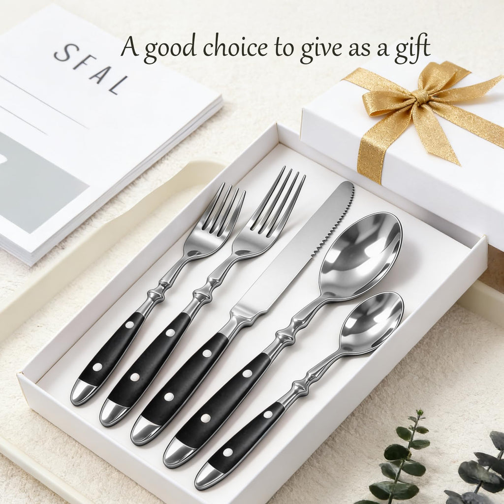 Black Silverware Set, 20pcs Flatware Set with Black Bakelite Handle
