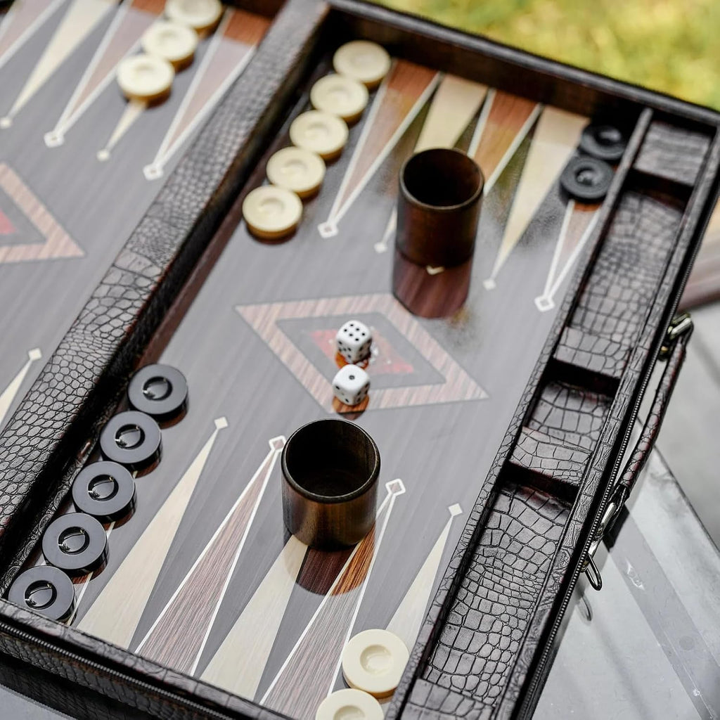 Personalized Leather Backgammon Set - Handmade Wooden Board Game with Carrying Case - Custom, Birthday Gift - Set of 37