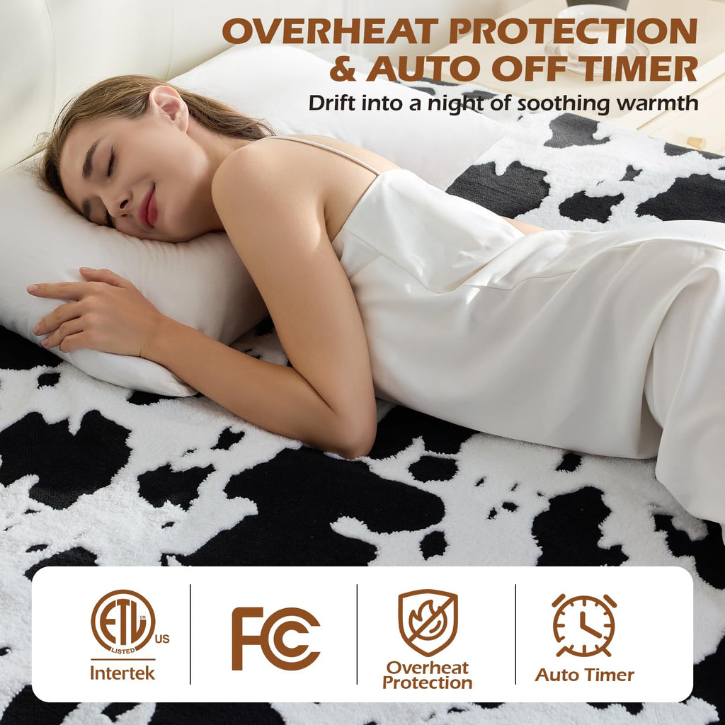 Heated Mattress Pad King Size, Jacquard Cow Pattern Bed Warmer Pad