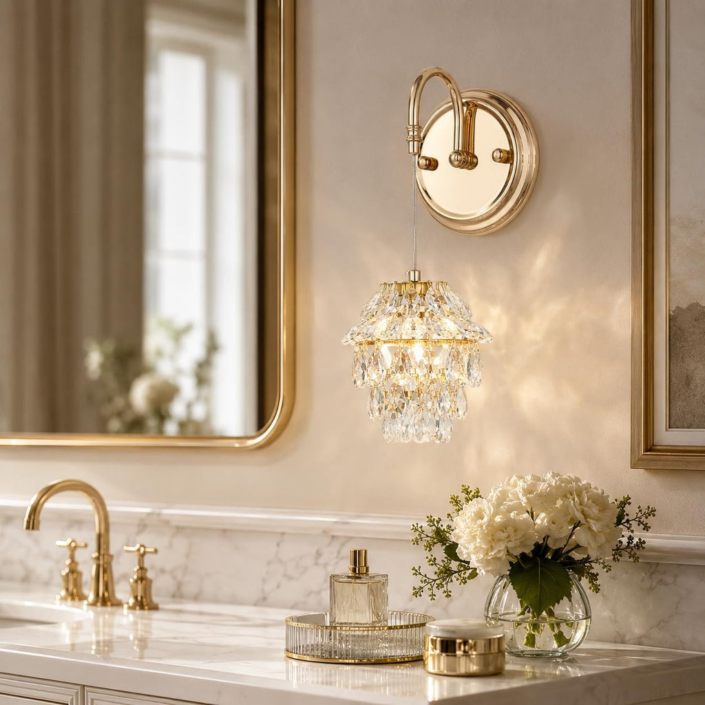 Modern French Gold Hardwired Crystal Wall Sconce Set of 2, Pinecone Shape Vintage Farmhouse Wall Mount Light Fixture