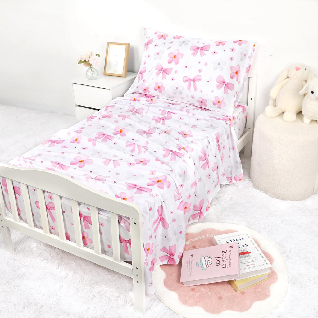 Toddler Bedding Set for Girls - 4 Piece Bow Toddler Comforter Set Includes Fitted Sheet, Comforter, Pillowcase & Flat
