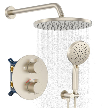 Thermostatic Shower System Wall Mount with 10 Inch Roud Rainfall Shower Head and Handheld,Shower Faucet Mixer Trim