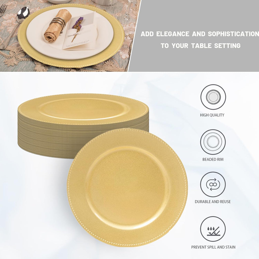 Gold Charger Plates Bulk, Plate Chargers with Beaded Rim - Set of 50