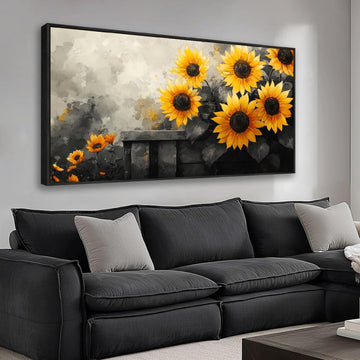 Sunflower Wall Art Canvas Painting, 20 x 40 inches, Black and Yellow Flower Canvas Prints Rustic Farmhouse Sunflower
