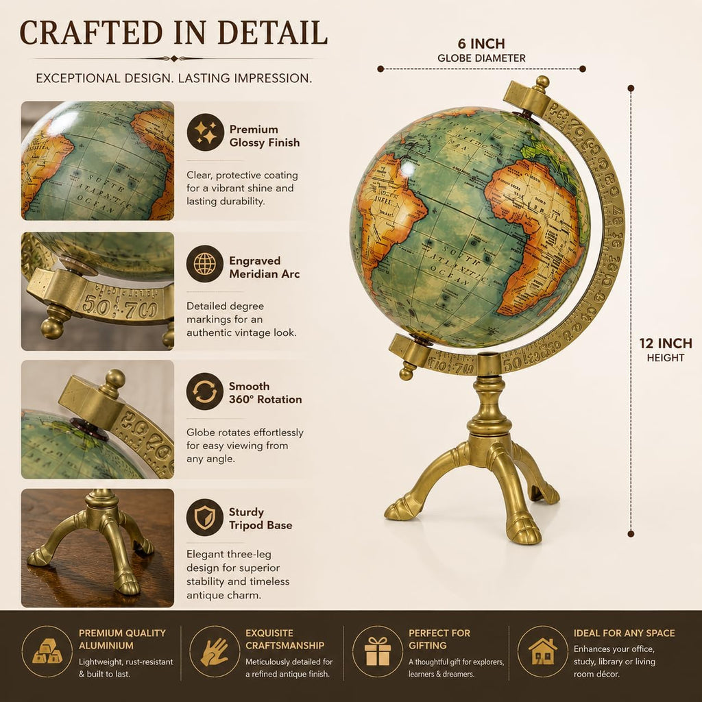 Vintage Desk Globe with Antique Brass Finish - Rotating Old World Tabletop Decor, Library & Study Room