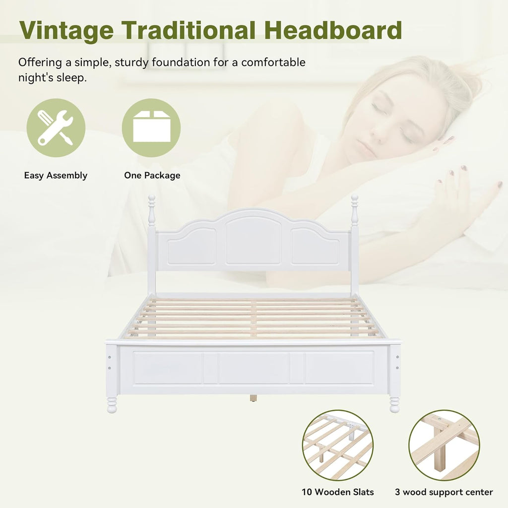 Vintage Queen Wood Bed Frame, Traditional Solid Wood Platform Bed with Retro Style Headboard, Traditional Town Style