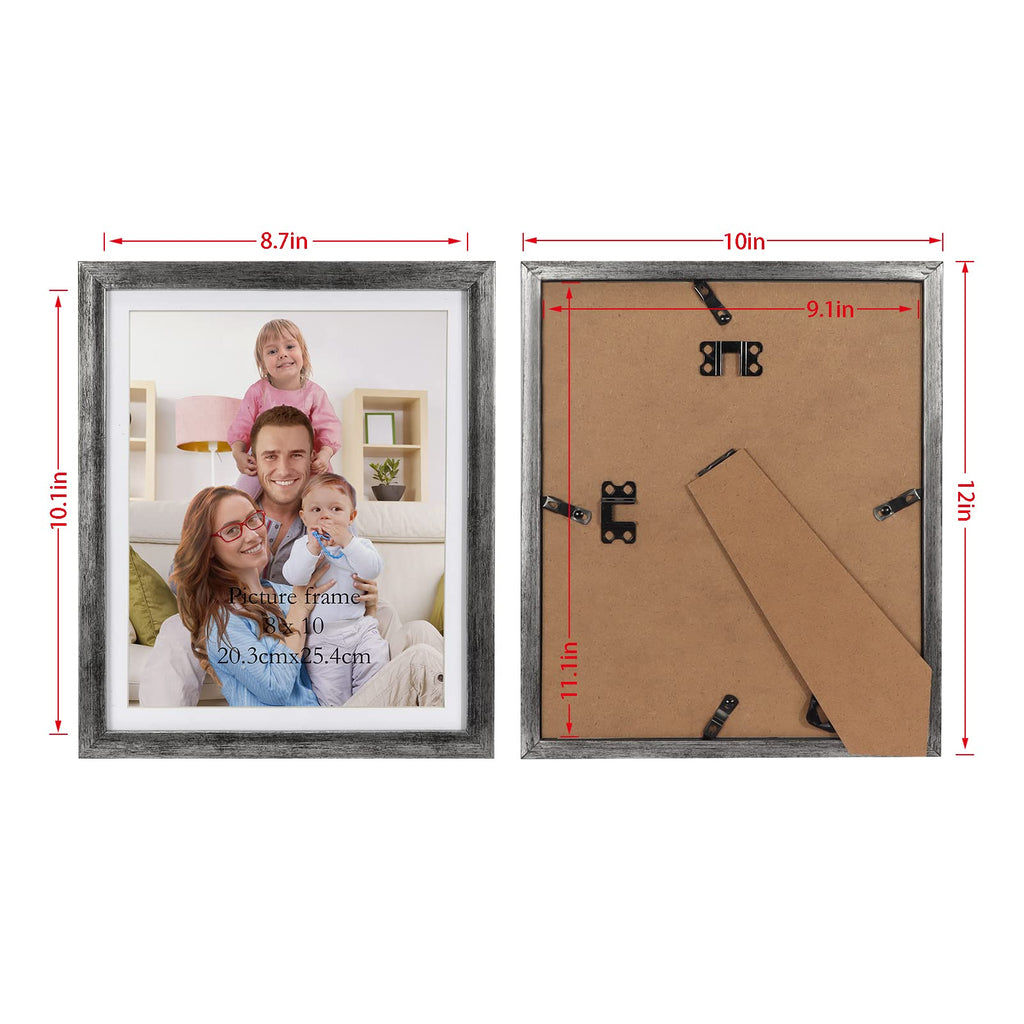 8x10 Picture Frame Distressed Silver Set of 4, 9x11 Frame for 8"x10" Photo with Mat, Antique Silver Frames for Wall