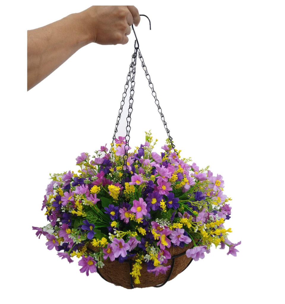 Silk Flower Chain Hanging Basket Flowerpot Artificial Daisy Fake Flowers Purple (Medium Basket)
