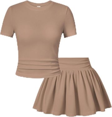 Girls Ribbed Skirt Set Ruched Top+Skort 2 Piece Summer Outfit