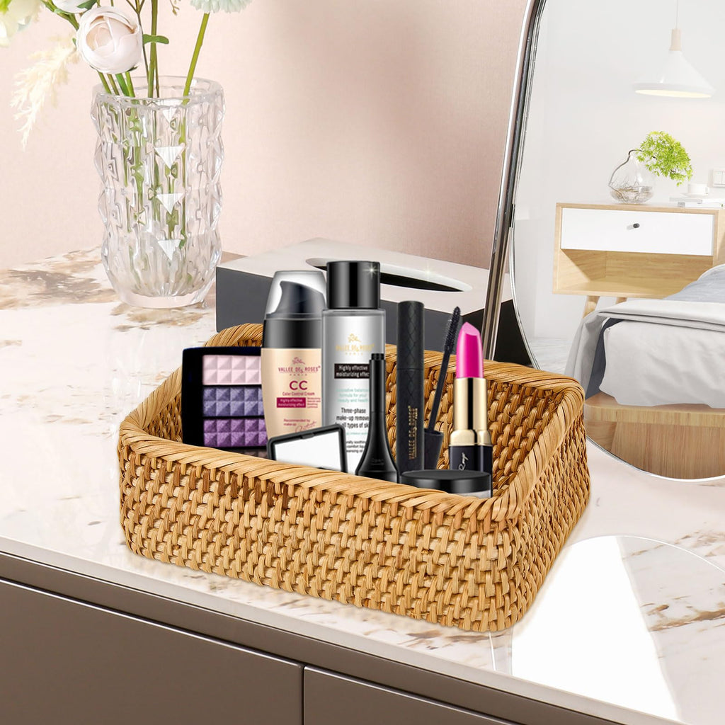 Natural Rectangular Rattan Storage Baskets (Set of 3), Hand Woven Food and Fruit Serving Baskets, Wicker Organizer