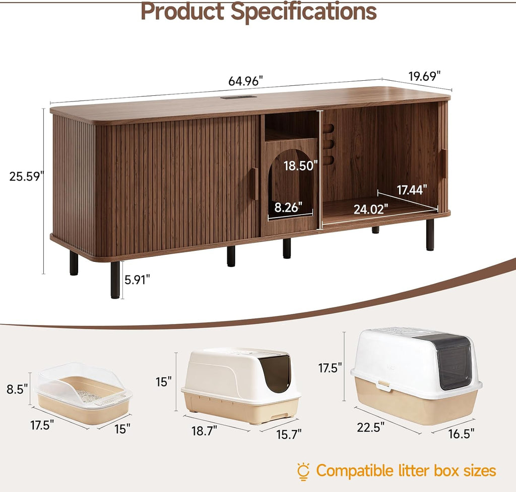 65 Inches Cat Litter Box Enclosure for 2 Cats, Walnut