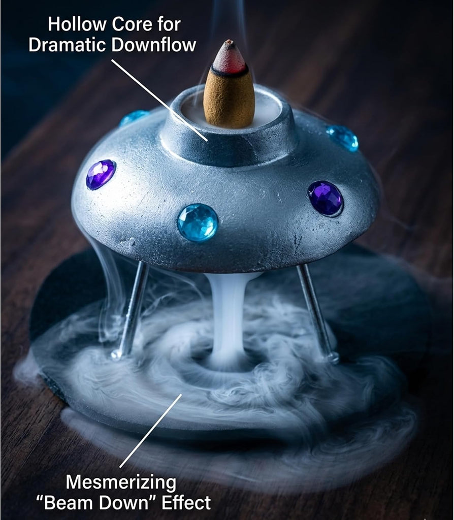 Space Ship Backflow Incense Burner - 2 Inch Mini Resin Fountain Holder for Meditation, Relaxation, Aromatherapy &