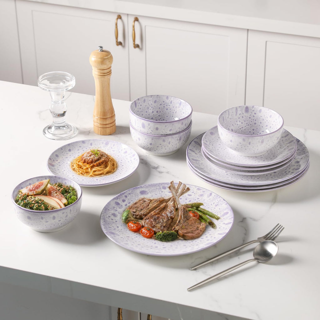 12 Pcs Speckled Glaze Ceramic Dinnerware Set for 4, Lavender Purple