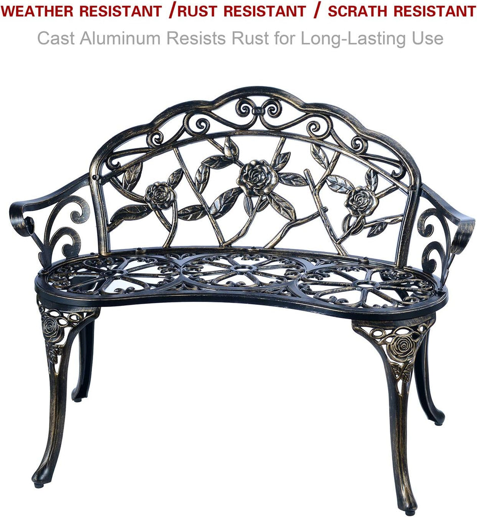 Balcony Bench Double Seat, Anti-Rust Cast Aluminum Patio Garden Bench for Park Yard Outdoor Furniture Copper.1