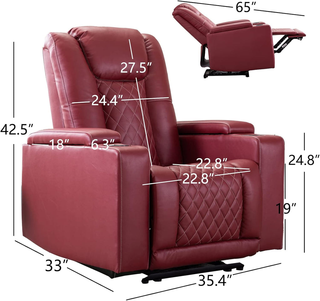 Electric Power Recliner Chair Soft Leather Reclining with USB Ports and Cup Holders, Red Home Theater Seating with Hidden Arm Storage Movie & Media Room Chairs A120-B0BR3Q94SL