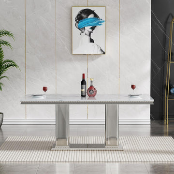 68'' Modern Faux Marble Dining Table for 4, Dual Pillar Silver Stainless Steel Pedestal, White Kitchen Table for 6