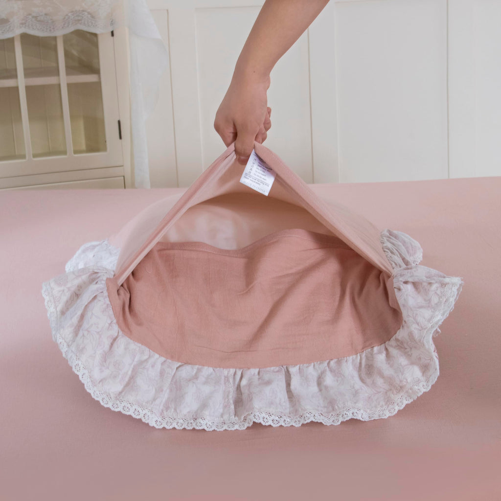Blush Floral 100% Washed Cotton Sheets Set, 4 Piece Vintage Ruffle Bed Sheets with Lace Trim, Shabby Pink French