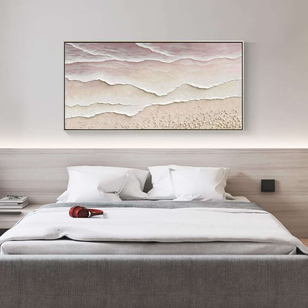 Beach Wave Textured Wall Art - Hand Painted Abstract Wall Painting Framed Artwork 60x30 Horizontal Canvas Extra Large