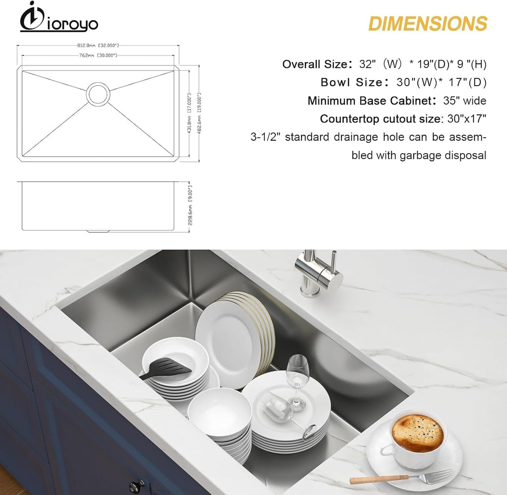 32 Inch Undermount Kitchen Sink 32x19 Undermount Sink | Stainless Steel Single Bowl Kitchen Sink 16 Gauge Under