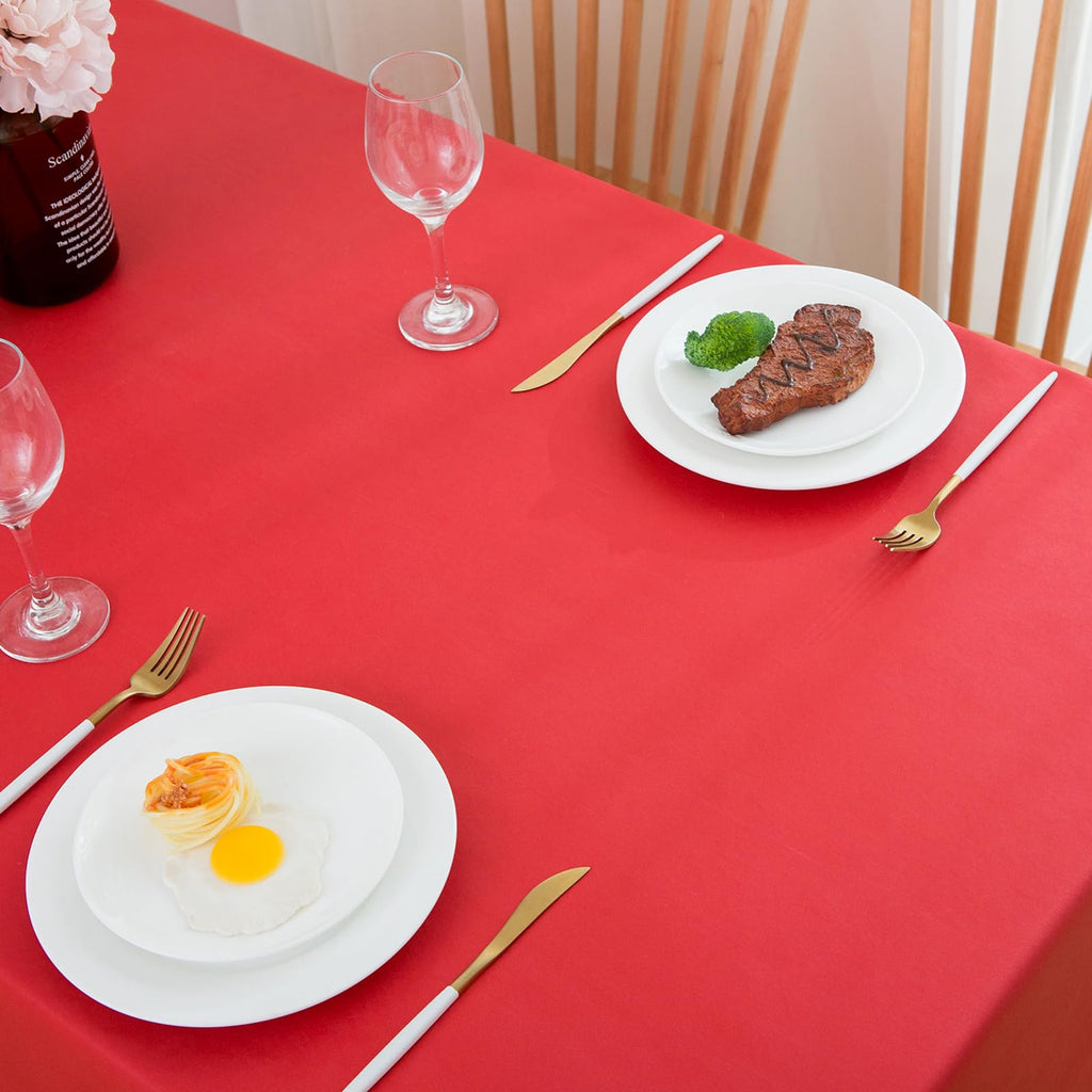 Vinyl Christmas Tablecloth with Flannel Backing, Solid Red, Waterproof, Stain-Resistant, Easy-Clean Table Cover for