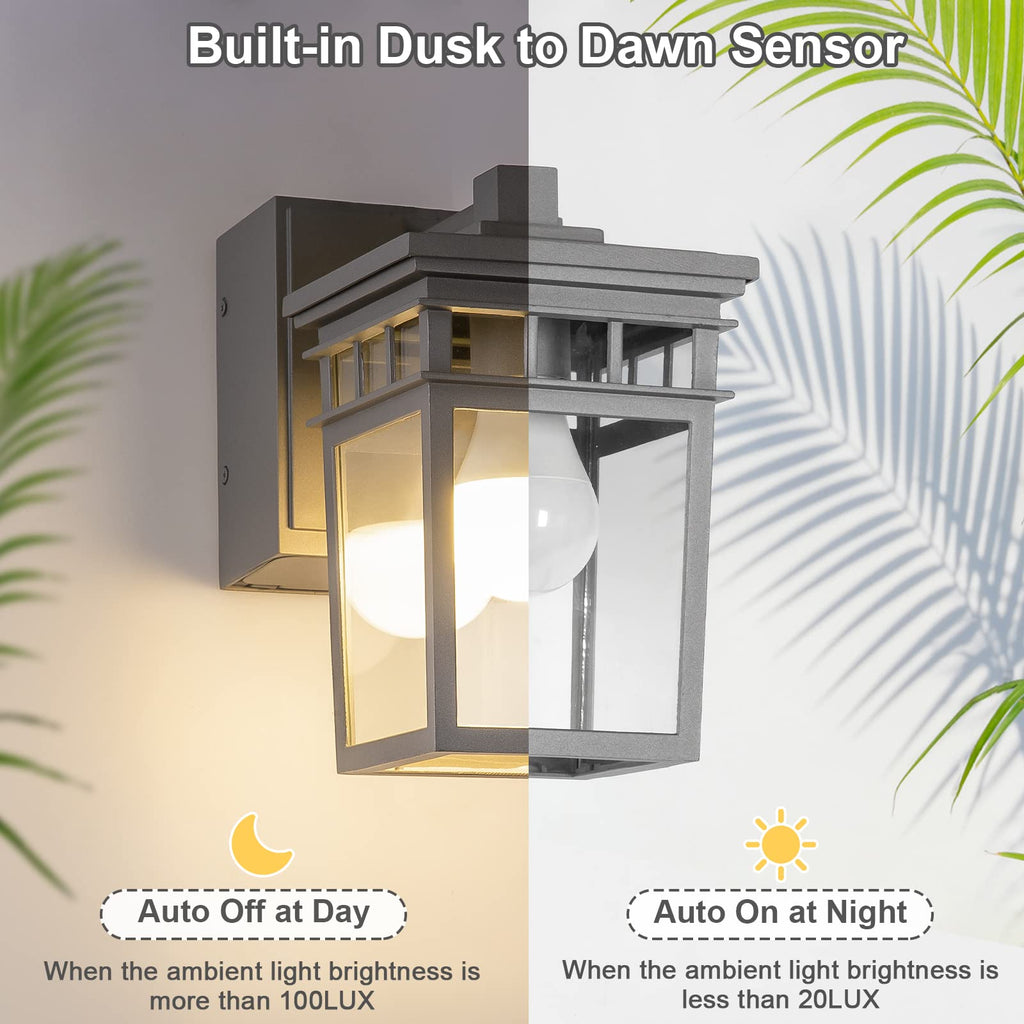 Outdoor Wall Sconce, Dusk to Dawn Porch Light with GFCI Outlet Built in