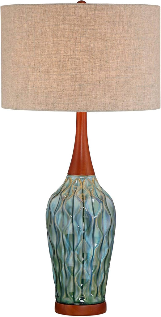 Rocco Mid Century Modern Table Lamp 30" Tall Ceramic Blue Teal Glaze Wood Handmade Linen Drum Shade Cottage Core Decor