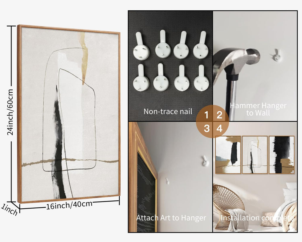 Black and White Abstract Framed Canvas Wall Art Set of 3, Beige Neutral Art Prints, Minimalist Modern Wall Decor