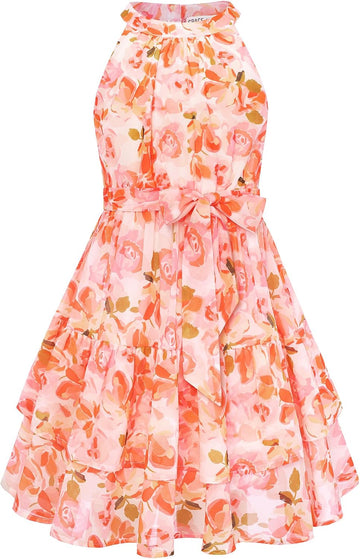 Girls Summer Beach Dress Floral Halter Hawaiian Party Vacation