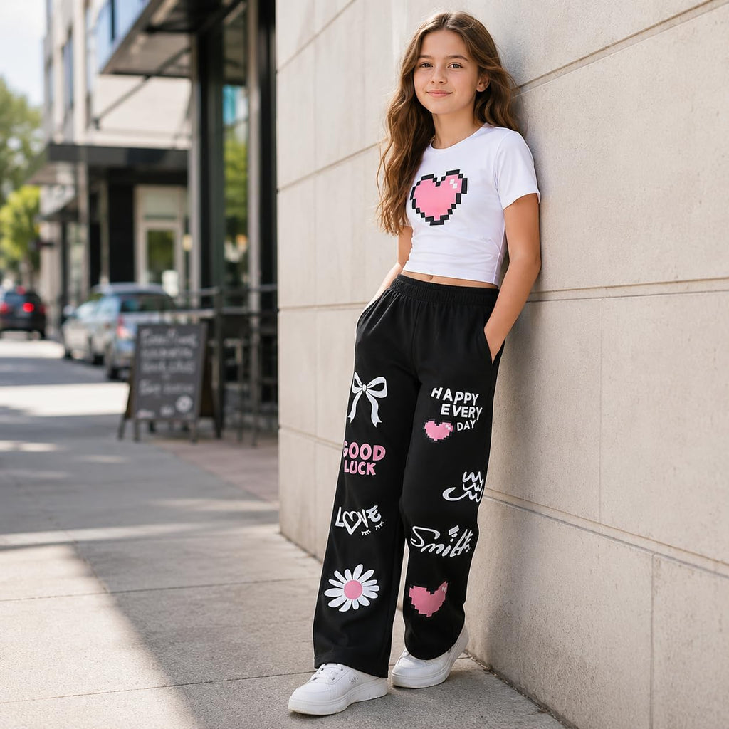Clothes 2 Piece Cute Pixel Heart-Print Top Graffiti-Print Pants Sets