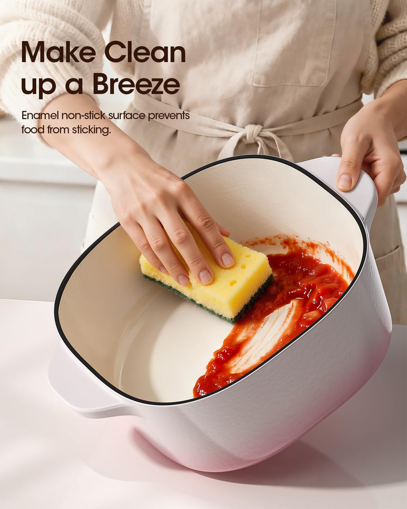 5 Quart Pink Dutch Oven Pot with Lid, Enameled Cast Iron, Rounded Square