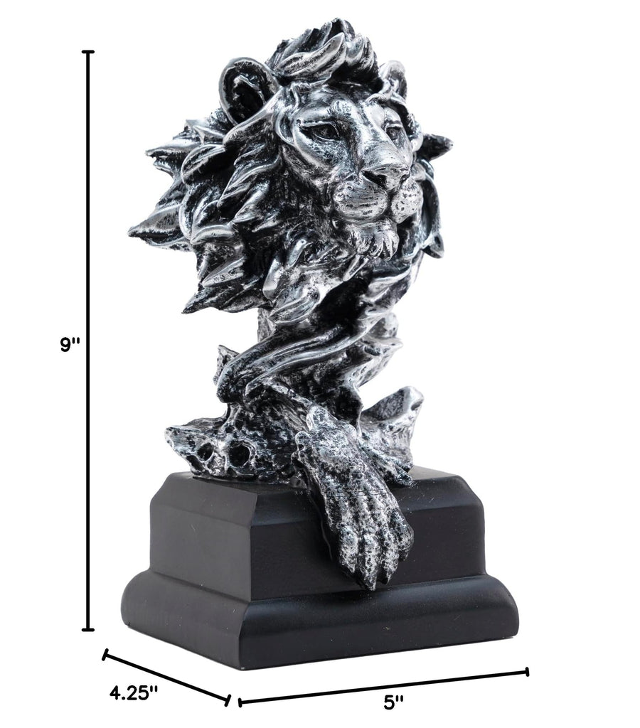 Lion Bust Sculpture with Matte Black Base 9 inch Metallic Silver, Abstract Design for Shelf Desk Office Decor, Gift