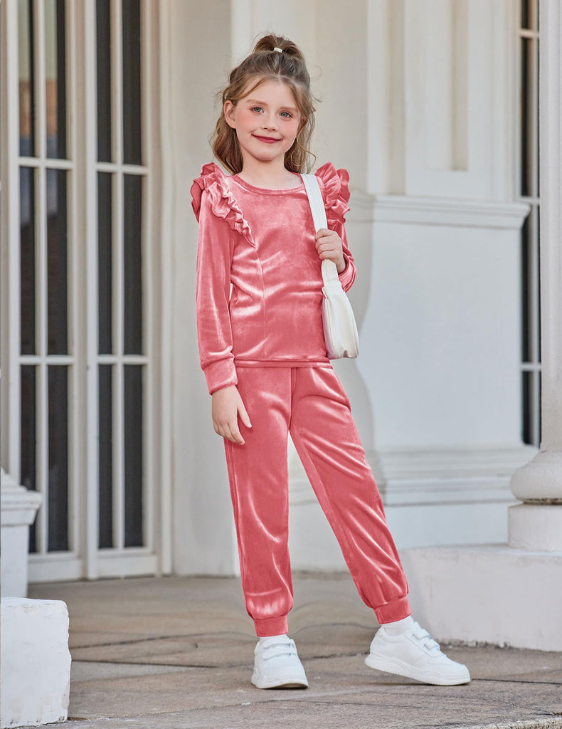 Girls Velour Tracksuit Kids Sweatsuit Ruffles Winter Clothes Sets