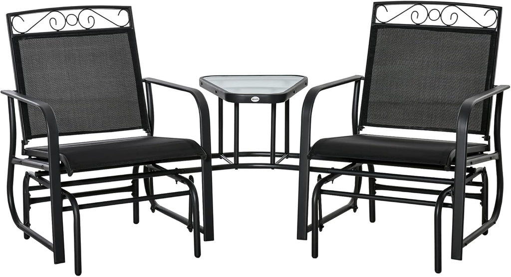 Outdoor Glider Chairs with Coffee Table Patio 2-Seat Black | Rocking Chair Swing, Breathable Sling, Backyard, Garden